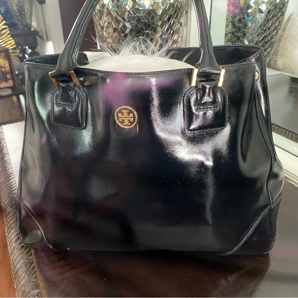 Tory Burch Shiny Black Leather Tote